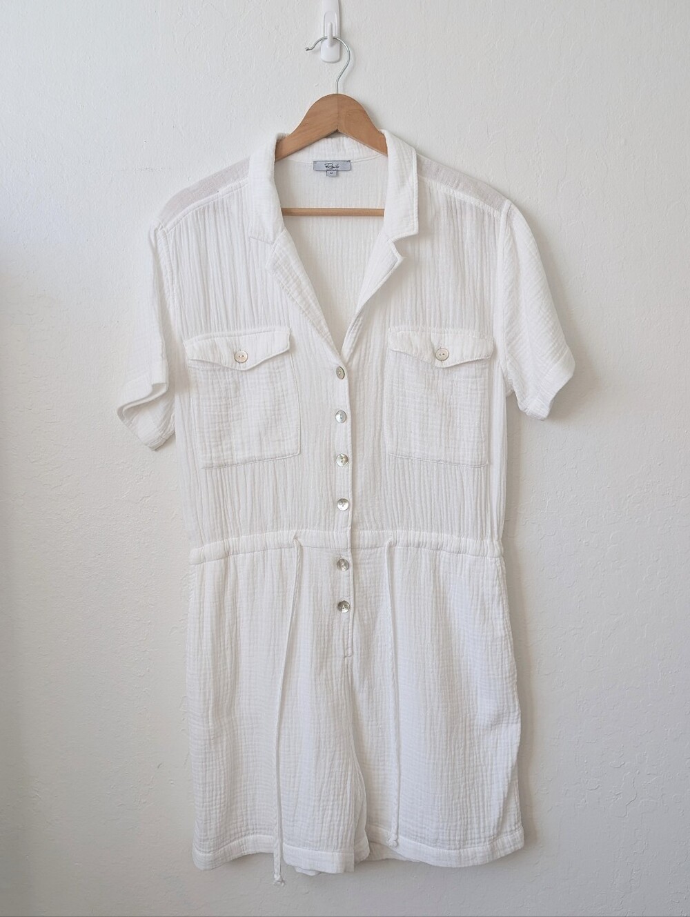 Rails Gauze Cotton White Short-Sleeve Button Romper with Drawstring Waist Sz Med